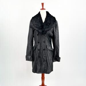 bebe Vintage Leather Coat Removable Rabbit Fur Collar Black Size Large